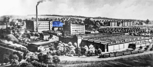 Gesamtansicht des Produktionsstandortes Wolkenburg in den 1930er Jahren